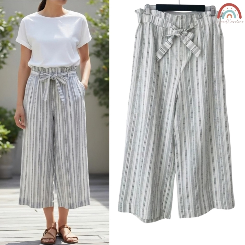 Doe & Rae Linen Wide Leg Stripped Cropped Pants